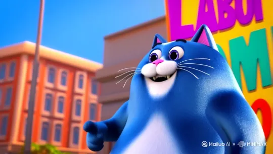 一只蓝色胖猫兴奋地说着话，就这个牌子。牌子上面写着“五一马上就来了“，又吃了麦当劳 by Hailuo AI Video Generator