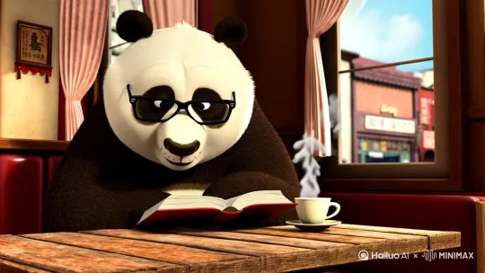 一只大熊猫戴着黑框眼镜在咖啡厅看书，书本放在桌子上，桌子上还有一杯咖啡，冒着热气，旁边是咖啡厅的窗户[左移,上升] by Hailuo AI Video Generator