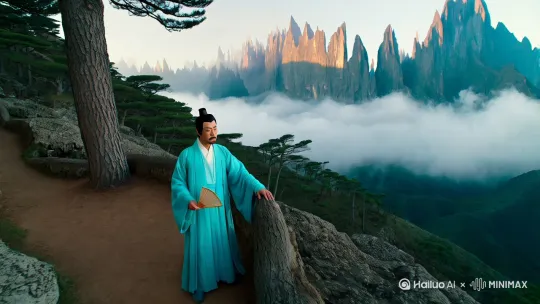 北宋时期，庐山云雾缭绕的清晨，一位身着青色长袍的文人（苏轼形象）站在山径拐角处，左手扶松，右手执扇，目光凝视前方。镜头从人物侧面横拍，展现山岭连绵的磅礴气势，近处青松嶙峋，远处山峰如剑刃般刺破云海，光影交错突出山体棱角。 by Hailuo AI Video Generator
