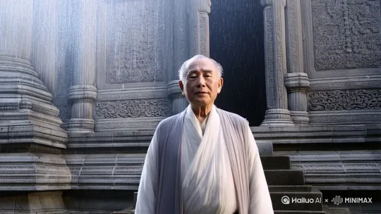 生成一段视频：讲述中国易经理论。大师站在古刹门前，古刹小雨淅沥。 by Hailuo AI Video Generator
