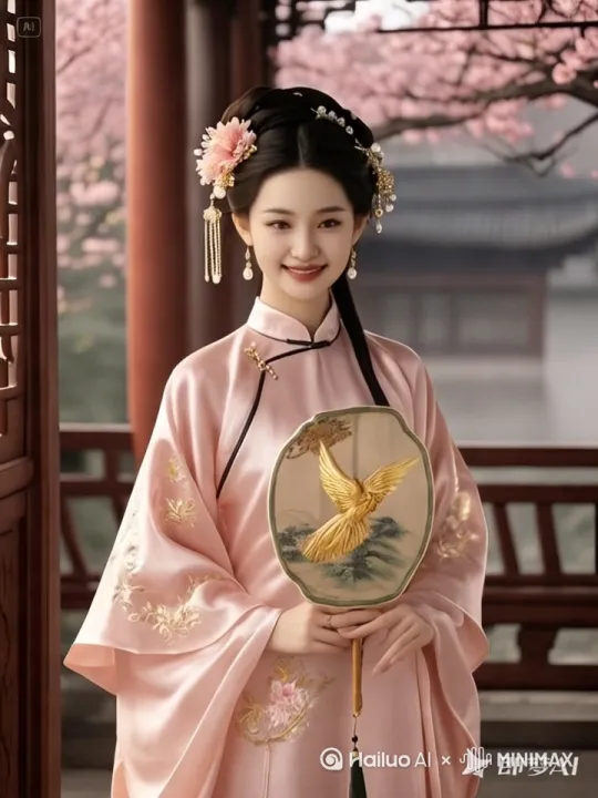 女子轻摇手中团扇，莞尔一笑，女子缓步向前，身姿优雅[推进,上升] by Hailuo AI Video Generator