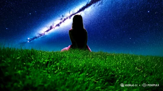 一望无际的草原上女孩的背影坐在草地上，抬头望着夜空中的星河 by Hailuo AI Video Generator