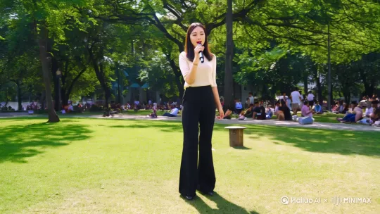 一位年轻的中国美女穿着浅色上衣和黑色长裤，手拿话筒正在表演。背景是一个广场，有树木和草地，周围有一些人在观看或休息。高清全景，电影质感 by Hailuo AI Video Generator