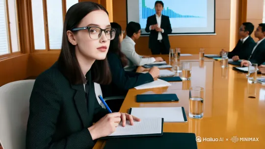 中景拍摄，女孩坐在一个会议室内会议桌旁，认真的记录着笔记，会议室里正在举行会议，一位身穿黑色正装的男士正在演讲，男士身后的投影幕布上正在展示一个增长的柱状图，镜头逐渐后退，参会人员都在认真听讲 by Hailuo AI Video Generator