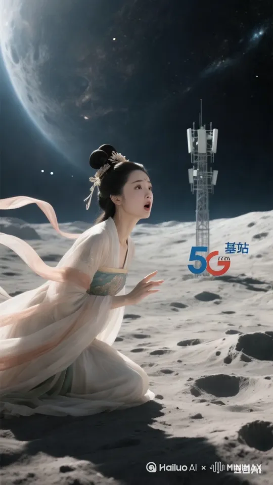 1让图片中常娥飞奔向前，观看月球上的5G基站，镜头向右移 by Hailuo AI Video Generator