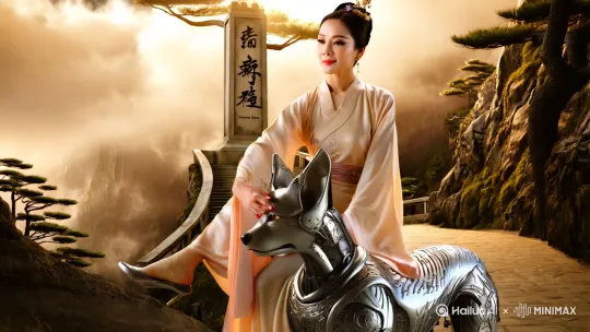 人物动态:一位身着飘逸绸缎汉服的女子侧身斜坐在银色仿生机械犬背部,姿态优雅如古典仕女图。她右腿自然垂落,左腿轻搭在机械犬颈部,左手轻抚犬首,右手托腮,含笑仰望前方,眼神灵动中透出从容。面部光影柔和,肌肤呈现珍珠般细腻光泽。场景构建:背景为华山险峻峭壁,苍劲古松盘踞崖边,远处云雾缭绕如水墨晕染。石阶蜿蜒通向云端,尽头处矗立着金庸先生亲笔题写的“华山论剑”石柱,字体苍劲有力,表面斑驳的青苔与金属质感的题字形成古朴与科技的碰撞。机械细节:机械犬流线型身躯覆盖液态金属装甲,关节处暗藏幽蓝脉冲光。左后腿贴有DeepSeek深鲸标识,深蓝鲸鱼图形在动态光影中若隐若现;右后腿环绕夸克蓝环,内部有数据流特效,仿佛能量在循环流动。四足嵌入登山钉,爪尖与岩壁摩擦溅起火星,强化动态张力。光影氛围:夕阳余晖从石柱方向斜照,为人物与机械犬镀上金边。山间浮动着淡紫色粒子特效,暗示智能程序在运算。石柱投射的阴影与机械犬的机械投影在岩壁上交错,形成虚实相生的空间感。风格融合:整体采用新国潮美学,将水墨意境与赛博朋克元素解构重组。人物服饰的丝绸纹理、山石的自然肌理通过高精度渲染呈现,机械部件加入微距金属拉丝与纳米涂层质感。色调以青金为主,夕阳暖色与机械冷光形成戏剧性对比。 by Hailuo AI Video Generator