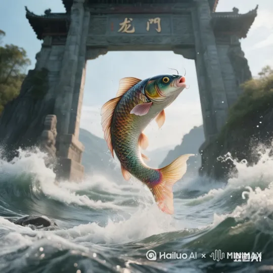 写实3D电影级
 
8K超高清，3D渲染，一条鲤鱼突破水面跃起，[右移,左摇,跟随]鳞片表面有细腻的凹凸纹理，阳光从侧上方照射，在背部形成明亮高光，腹部呈现冷色调反光，尾鳍拍打水面溅起密集水珠（每颗水珠可见环境倒影）。龙门为古老的青铜材质，表面锈可循。[推进,上升]迹背景是深邃的峡谷，远处云雾中隐约可见连绵山脉，水面倒映天空的渐变蓝紫色，整体画面景深强烈，鲤鱼主体锐利，远景轻微虚化。[左移,右摇,跟随]
 
关键参数：
 
- 渲染引擎：Arnold
 
- 光照：HDRI环境光 + 体积光（模拟丁达尔效应）
 
- 材质：Subsurface scattering（次表面散射，模拟鱼肉通透感） by Hailuo AI Video Generator