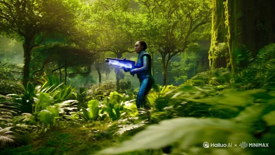一名外星人战士，走在树林子里面，拿着能量武器准备埋伏敌人 by Hailuo AI Video Generator