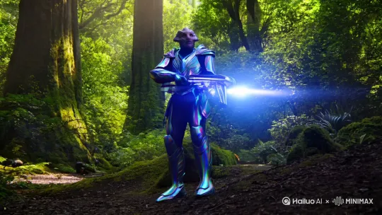一名外星人战士，走在树林子里面，拿着能量武器准备埋伏敌人 by Hailuo AI Video Generator
