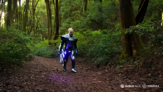 一名外星人战士，走在树林子里面，拿着能量武器准备埋伏敌人 by Hailuo AI Video Generator