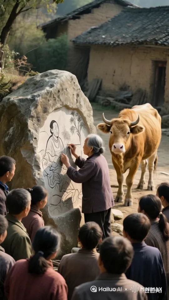 帮我生成一张图片:在一处古老的石壁旁,阳光斜照老奶奶伸手矫健,正以极快的速度在石壁上雕刻神情专注。突然间一头大黄牛不知从哪冒了出来,气势汹汹地冲过来用他那结实的脑袋一下顶开了老奶奶,紧接着大黄牛抬起蹄子,对着石壁疯狂的踢踏攻击,他的动作激烈,每次落下都带着巨大力量,在大黄牛的疯狂攻击下,石壁很快出现了一个窟窿,没过多久哗啦一声。石壁裂开了无数碎块连接着周边的墙壁也忽然倒塌,尘土中飞扬一块深绿色的石头赫然出现,老奶奶是顾不上其他赶忙冲过去一把捡起深绿色的石头捧在手里仔细端详。周围的人听到动静纷纷从四面八方拢了。过来他们满脸惊愕,目光在大黄牛和老奶奶手中那块深绿的深绿色的石块之间来回切换,怎么也想不到,会出现如此荒诞离奇的一幕。比例 9:16。 by Hailuo AI Video Generator