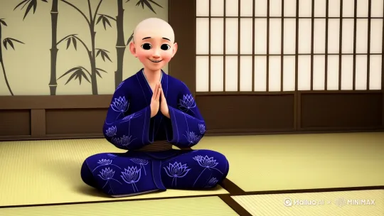 请生成一个卡通风格的日本小和尚形象，角色背景为类似一休哥的形象。角色外观包括光头、大眼睛、微笑的表情，穿着传统的深色和尚长袍，腰间系着腰带。姿势为坐禅，双手合十，表情机灵自信。颜色方面，服装为深蓝色，肤色为黄色，眼睛为黑色。细节上，可以在服装上添加简单的莲花图案，背景为一个简单的禅房。视频下方加上如下文字：打断你的腿，再给你一副拐杖，然后告诉你，没有我，你连路都走不了，所以你要懂得感恩----------鲁迅 by Hailuo AI Video Generator