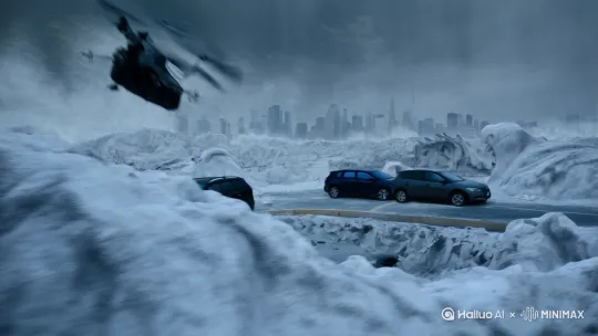 A drone plunges through blizzard winds at knee-level, revealing 2-meter snowdrifts swallowing parked cars whole—sudden close-up of an orange-coated rescue team materializing through whiteout like fireflies, their shovels scraping asphalt in rhythmic urgency under howling winds. A climatologist's laser pointer dances across holographic tempest spirals projected over city ruins, while time-lapse frost fractals devour skyscrapers—cut to slow-motion of steaming thermoses passing between frostbitten hands, breath-clouds merging into laughter that defies the storm's roar. by Hailuo AI Video Generator
