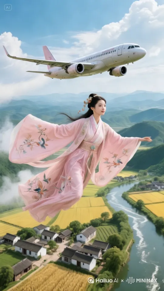 图片动态呈现，美女和飞机并排快速飞行，下方景色物体纷纷掠过，镜头移动，动态跟随 by Hailuo AI Video Generator