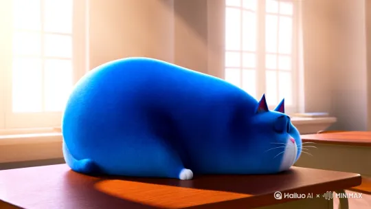 一个很一个很胖很胖的蓝色猫在教室里上课打瞌睡，很胖很胖的蓝色猫突然暴怒掀桌子，被老师训了一顿 by Hailuo AI Video Generator