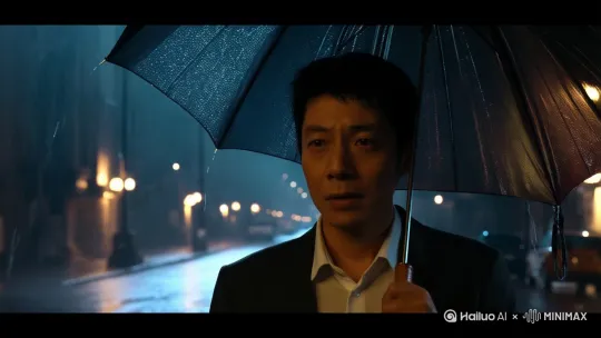人运动模糊效果,使用徕卡 M6 相机和 VISION3 500T 彩色负片拍摄,王家卫电影风格:夜晚的街道,男主角的脸部特写,孤独和迷茫的眼神,雨滴落在黑色的伞上,细腻的情感表达 ,男主角穿深色西服,白色衬衫,雨夜 城市街道 路灯 昏暗 消沉 雨湿路面物品反光效果 淋雨 幽怨 失落 中近景镜头或人物特写 氛围感 光线对比 雨丝 水雾 大师级摄影作品 8k超高清像素 by Hailuo AI Video Generator