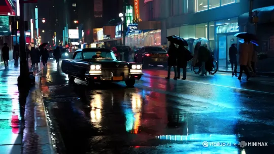 雨夜中，男人开着一辆1967年的凯迪拉克，行驶在繁华的闹市中 by Hailuo AI Video Generator