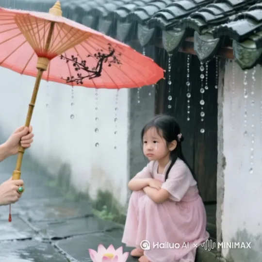 亅小女孩伤心地哭泣，眼角挂着泪水，母亲撑着雨伞走向小女孩，伞沿流下的雨水如珠帘，天下着雨[拉远] by Hailuo AI Video Generator