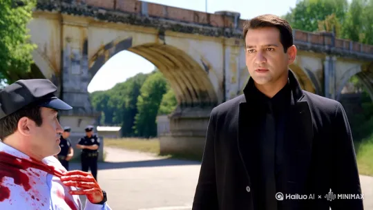 A hyper-realistic scene showing a handsome secret agent wearing a long black coat standing on an old, weathered bridge next to a policeman. The policeman is holding a blood-stained victim's shirt. In the background, several other police officers are seen investigating the area. It's a bright, sunny day with a cinematic, dramatic atmosphere. The camera angle is low, slightly upward, capturing both the secret agent and the policeman clearly in the same frame with sharp focus on their expressive faces, detailed textures on their clothing, and realistic lighting. by Hailuo AI Video Generator