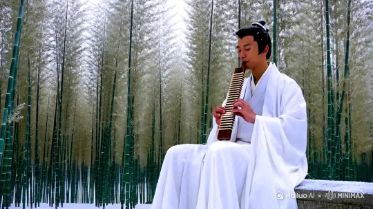 画面中,一位身着白色古装的美男子坐在石板凳上吹陶笛,雪景之中。身后是被雪覆盖的密生小竹林,树枝错综复杂,显得有些光秃。细密的雪丝如银线般纷纷飘落,营造出一种清冷孤寂的氛围。画面上整体传递出一种古典且悠远的意境。 by Hailuo AI Video Generator