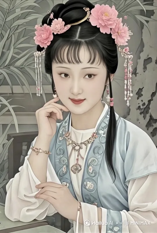 女子衣袖轻盈飘动若有微风，身后竹叶微微摇曳生姿，女子低头浅笑温婉动人，微启朱唇吟着四律古诗，轻转手腕展示腕间玉镯，眼神流转似在顾盼生辉，微微颔首尽显娴静气质，身姿微侧似在聆听动静 by Hailuo AI Video Generator
