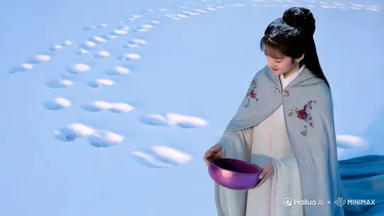 冬季·煮雪问梅**  国风美女
**核心意象**：呵气成霜/鹤氅裹寒/暗香染袖  
**场景**：古寺墙外红梅覆雪，青铜兽首香炉青烟笔直  
**造型**：晋制月白大袖衫+银灰斗篷，手持紫铜镂空袖炉  
**分镜设计**：  
- **0-2秒（远景）**：航拍雪地足迹延伸至梅树，斗篷拖痕如书法长捺  
- **3-5秒（中景）**：折梅时积雪落进脖颈，缩肩轻笑呵出白雾  
- **6-8秒（近景）**：特写指尖融化雪水渗入袖口梅纹刺绣  
- **9-10秒（全景）**：夕阳将人影与梅枝投影寺墙，构成天然水墨画 by Hailuo AI Video Generator