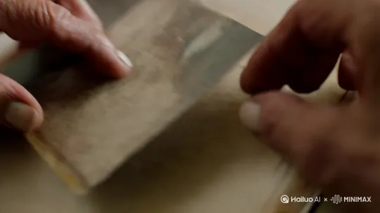 老人布满皱纹的手指轻轻抚摸旧照片一角的特写镜头，指尖因用力微微泛白，照片边缘已磨损。 by Hailuo AI Video Generator