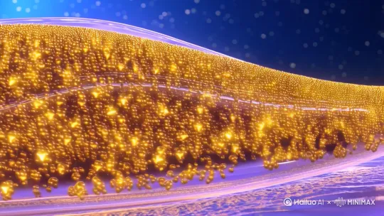 7 中景 乙酰辅酶A分子化作金色河流，在透明血管模型中奔腾 跟拍镜头 6s 河流中闪烁着心跳形状的光点，血管外是星空背景 激昂的弦乐，心跳声与水流声交织 by Hailuo AI Video Generator