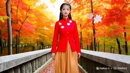 秋季·枫火登高**  国风美女
**核心意象**：红叶题诗/茱萸映酒/雁阵掠鬓  
**场景**：山间枫林如火，石亭案上置蟹眼茶汤与柿果  
**造型**：明制枫叶红竖领长袄+琥珀色马面裙，佩重阳茱萸禁步  
**分镜设计**：  
- **0-3秒（全景）**：穿越枫林跟拍登山背影，裙裾扫起落叶  
- **4-6秒（中景）**：倚栏远眺时忽接住飘落枫叶，指尖蘸茶写诗  
- **7-8秒（特写）**：一杯清茶朦胧眼眸，睫毛沾细碎水珠  
- **9-10秒（远景）**：雁群掠过将诗句投影云层，水墨特效晕染天空  

--- by Hailuo AI Video Generator