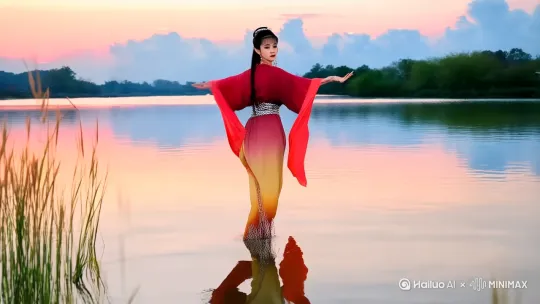 夏季  洛神惊鸿·水袖逐波 古风美女
**场景**：黄昏湖畔芦苇摇曳，女子赤足踏浅滩，水面倒映晚霞如火烧云。  
**造型**：魏晋大袖衫层叠渐变色（朱红至缃色），腰束鲛绡纱，足系银铃链。  
**动作**：甩袖旋身三周转，袖摆掠过水面激起涟漪，收势时单脚点地后仰。  
**镜头**：无人机贴水面跟拍倒影舞姿，袖摆拂过镜头时切至面部坚毅神情特写。  
**文化梗**：参考《洛神赋》“翩若惊鸿，婉若游龙”动态美学。

--- by Hailuo AI Video Generator