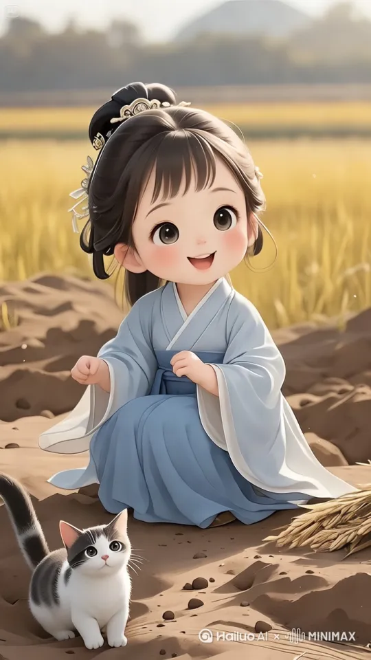 动画提示词：小女孩缓慢伸出手将粟种埋入泥土，手指动作轻柔，小猫好奇凑过去用鼻子嗅，尾巴轻轻摆动，镜头从上方缓缓下移呈现播种动作，阳光在女孩和小猫身上形成光晕并微微闪烁，泥土中粟种有轻微的下陷动态效果 by Hailuo AI Video Generator