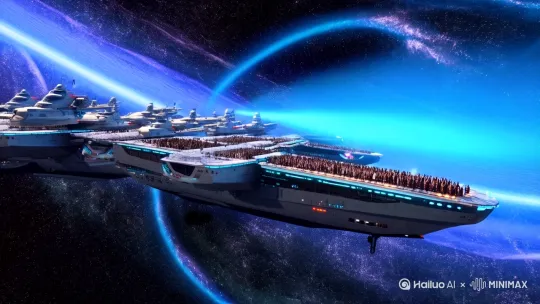 太空中,一千巨大的宇宙航母,从时空虫洞穿越而出,宇宙航母上一个大型的歌舞厅,舞台上一个歌唱者拿着话筒在舞台上歌唱,30秒4K超高清视频,专业歌手于巨型现代舞台中央独唱。歌手随节奏专业专注,表情丰富、形态逼真地唱歌,手势、嘴型等形象动作符合音乐节律。观众热情,挥舞荧光棒合唱、欢呼、互动。有舞台灯光与粒子特效,中景跟拍。 by Hailuo AI Video Generator