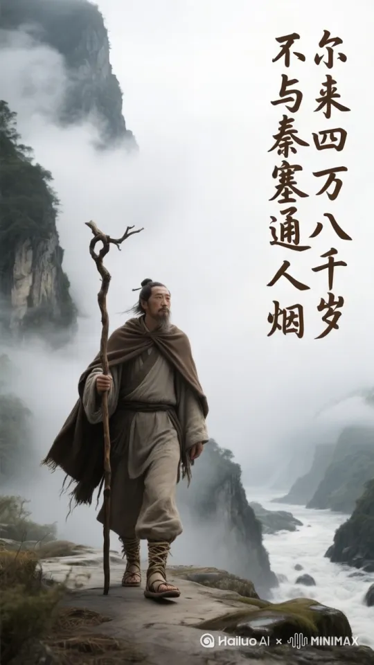 画面主体为一位古代装束的行者，置身于云雾缭绕、行者手持顶端带弯曲枝桠的木质长杖、坚定地往前稳步前行。画面右侧毛笔书法字体保持不变。固定镜头 by Hailuo AI Video Generator