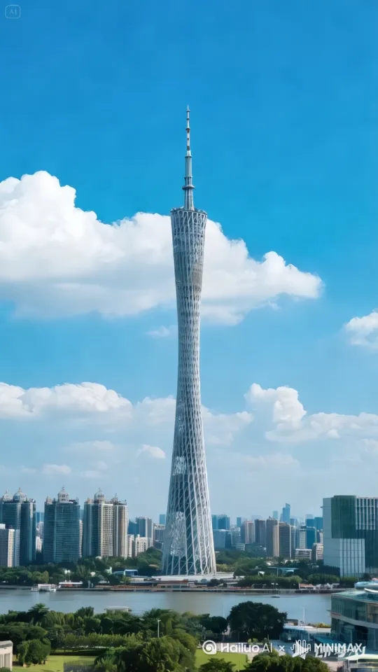 画面中的广州塔离地而起飞向空中，镜头跟随广州塔[上升]，底部喷出黄色火焰和冒起大量白烟，高清 by Hailuo AI Video Generator