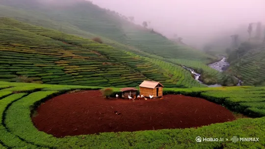 "航拍贵州凤冈茶山全景，云雾缭绕梯田，竹林鸡舍实拍，散养土鸡啄食昆虫特写，富硒土壤特写，晨雾中的山泉溪流，自然光摄影，低饱和度色调" by Hailuo AI Video Generator