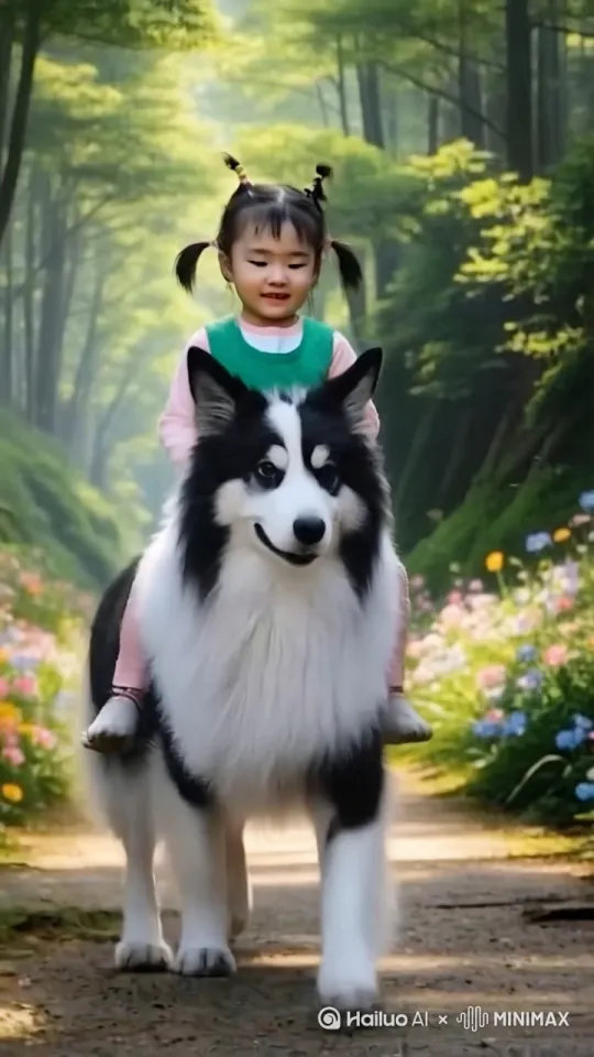 骑着巨犬的小女孩被浓雾包裹的针叶林秘境，巨犬踩着发光苔藓轨迹前行时雾气翻涌散开，低角度环绕镜头伴随树叶缝隙的丁达尔光线，朦胧蒸汽波色调与萤火虫光斑交织的童话神秘感[右移,左摇,跟随] by Hailuo AI Video Generator
