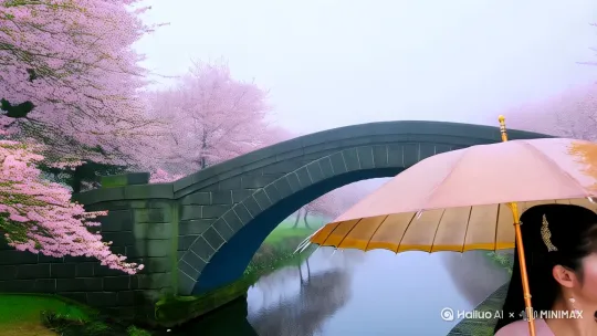春季·杏花烟雨**  古风美女
**核心意象**：纸伞遮雨/落花点唇/新柳拂肩  
**场景**：江南拱桥被杏花林包围，细雨打湿青石板，溪流飘落花瓣  
**造型**：宋制浅粉褙子+柳黄百迭裙，发簪琉璃杏花步摇  
**分镜设计**：  
- **0-3秒（远景）**：航拍杏花林雾霭朦胧，女子执油纸伞走过石桥  
- **4-6秒（中景）**：跟拍伞面旋转甩出水珠，裙摆掠过潮湿石阶青苔  
- **7-9秒（近景）**：伞沿微抬露出眉眼，花瓣恰落唇间仿若点绛  
- **10秒（全景）**：纸伞入画右侧，左侧留白题苏轼《定风波》书法特效  
 by Hailuo AI Video Generator