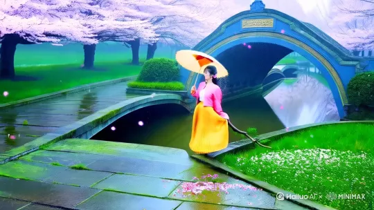 ### **一、春季·杏花烟雨** 古风美女
**核心意象**:纸伞遮雨/落花点唇/新柳拂肩
**场景**:江南拱桥被杏花林包围,细雨打湿青石板,溪流飘落花瓣
**造型**:宋制浅粉褙子+柳黄百迭裙,发簪琉璃杏花步摇
**分镜设计**:
- **0-3秒(远景)**:航拍杏花林雾霭朦胧,女子执油纸伞走过石桥
- **4-6秒(中景)**:跟拍伞面旋转甩出水珠,裙摆掠过潮湿石阶青苔
- **7-9秒(近景)**:伞沿微抬露出眉眼,花瓣恰落唇间仿若点绛
- **10秒(全景)**:纸伞入画右侧,左侧留白题苏轼《定风波》书法特效 by Hailuo AI Video Generator