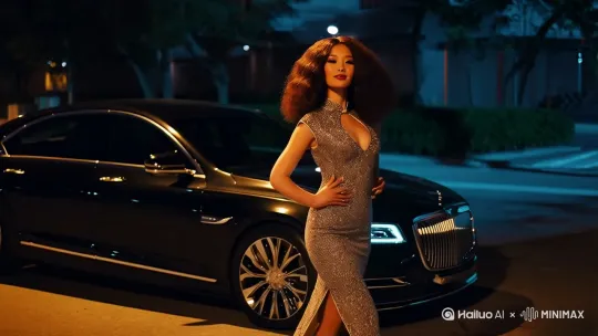 一个穿着中国旗袍的性感美女站在午夜的豪车旁背对着扭着屁股走路，要求环境逼真，接近现实，风情万种大波浪 by Hailuo AI Video Generator