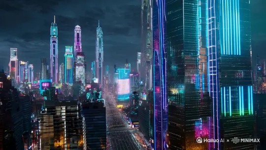 生成一个赛博朋克的城市场景，要有高楼大厦和飞天汽车的元素 by Hailuo AI Video Generator