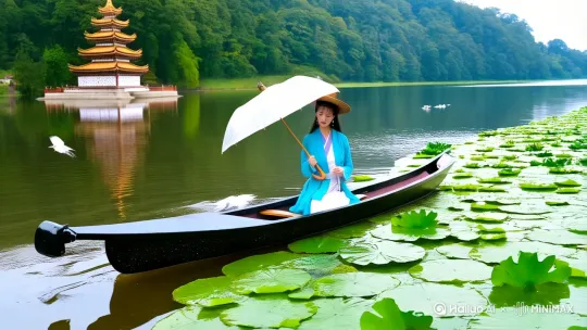 夏季·莲舟斗雨** 古风美女
**核心意象**:舟破翠盖/袖笼惊鱼/骤雨织锦
**场景**:西湖雷峰塔倒影被乌篷船划碎,暴雨砸出满湖同心圆涟漪
**造型**:宋代天青褙子+月白抹胸,发簪银茶筅,腰悬冰裂纹梅瓶
**分镜设计**:
- **0-3s(长镜头)**:船首劈开荷叶群,惊起鹭阵掠过保俶塔尖
- **4-6s(中景)**:俯身采莲时竹笠被风掀飞,近看藕断溅起水珠
- **7-8s(微距)**:雨滴沿油纸伞骨滑落,倒映瞳孔中游鱼化龙幻象
- **9-10s(特效)**:扬桨击水凝成《洛神赋》菱形冰纹,折射彩虹光斑
**黑科技**:船底安装透明亚克力板,水下镜头捕捉裙摆与锦鲤共舞 by Hailuo AI Video Generator