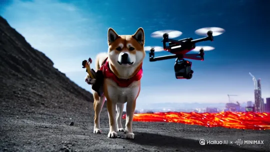 柴犬穿着钢铁侠在火山口弹吉他，岩浆随着音符变成彩虹豆，赛博朋克风+无人机环绕镜头+故障艺术特效 by Hailuo AI Video Generator