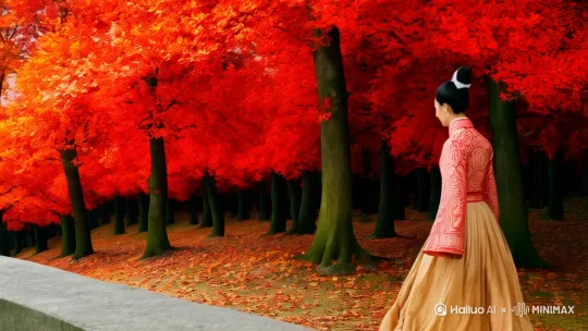 秋季·枫火登高**  古风美女
**核心意象**：红叶题诗/茱萸映酒/雁阵掠鬓  
**场景**：山间枫林如火，石亭案上置蟹眼茶汤与柿果  
**造型**：明制枫叶红竖领长袄+琥珀色马面裙，佩重阳茱萸禁步  
**分镜设计**：  
- **0-3秒（全景）**：蓝孔雀穿越枫林跟拍登山背影，裙裾扫起落叶  
- **4-6秒（中景）**：倚栏远眺时忽接住飘落枫叶，指尖蘸茶写诗  
- **7-8秒（特写）**：茶汤蒸汽朦胧眼眸，睫毛沾细碎水珠  
- **9-10秒（远景）**：雁群掠过将诗句投影云层，水墨特效晕染天空   by Hailuo AI Video Generator