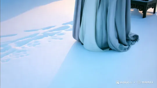 冬季·煮雪问梅**  古风美女
**核心意象**：呵气成霜/鹤氅裹寒/暗香染袖  
**场景**：古寺墙外红梅覆雪，青铜兽首香炉青烟笔直  
**造型**：晋制月白大袖衫+银灰斗篷，手持紫铜镂空袖炉  
**分镜设计**：  
- **0-2秒（远景）**：航拍雪地足迹延伸至梅树，斗篷拖痕如书法长捺  
- **3-5秒（中景）**：折梅时积雪落进脖颈，缩肩轻笑呵出白雾
- **6-8秒（近景）**：特写指尖融化雪水渗入袖口花纹刺绣  
- **9-10秒（全景）**：夕阳将人影与梅枝投影寺墙，构成天然水墨画   by Hailuo AI Video Generator