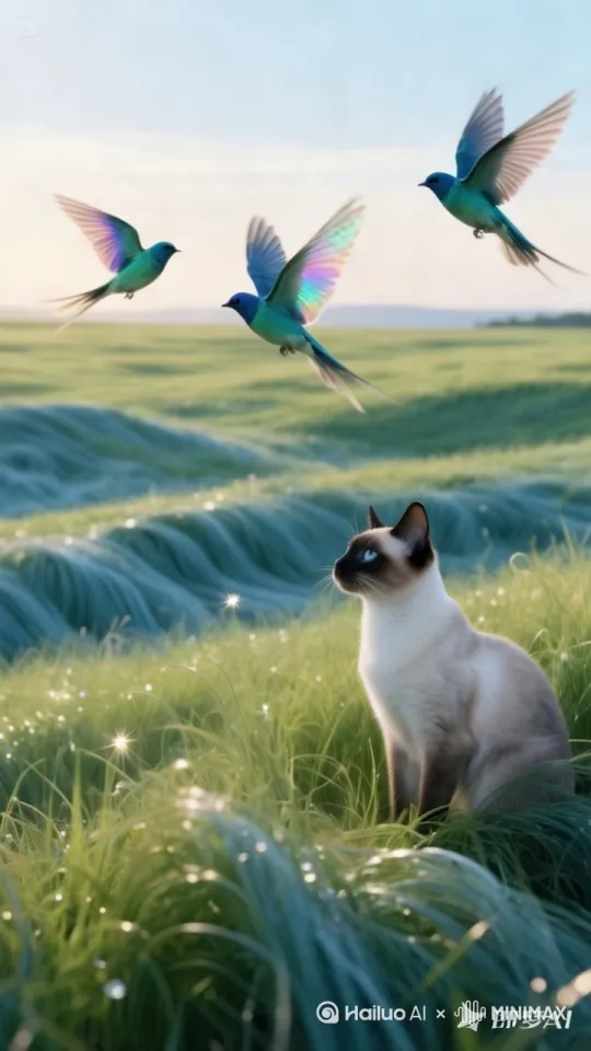 猫抬头看看天空的飞鸟，而后低下身做好要往前扑的动作 by Hailuo AI Video Generator