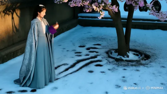 冬季·煮雪问梅**  古风美女
**核心意象**：呵气成霜/鹤氅裹寒/暗香染袖  
**场景**：古寺墙外红梅覆雪，青铜兽首香炉青烟笔直  
**造型**：晋制月白大袖衫+银灰斗篷，手持紫铜镂空袖炉  
**分镜设计**：  
- **0-2秒（远景）**：航拍雪地足迹延伸至梅树，斗篷拖痕如书法长捺  
- **3-5秒（中景）**：折梅时积雪落进脖颈，缩肩轻笑呵出美景
- **6-8秒（近景）**：特写指尖融化雪水渗入袖口花纹刺绣  
- **9-10秒（全景）**：夕阳将人影与梅枝投影寺墙，构成天然水墨画 by Hailuo AI Video Generator