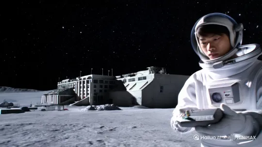 基地的巨型建筑群在月球表面静静矗立，背景是无尽的宇宙黑暗和闪烁的星辰。镜头右移右摇，聚焦到一个穿着宇航员设备、戴着头盔的年轻科学家身上，他手拿检测设备，表情认真而充满期待。画面中没有任何与国家有关的图像及徽章标志。 by Hailuo AI Video Generator
