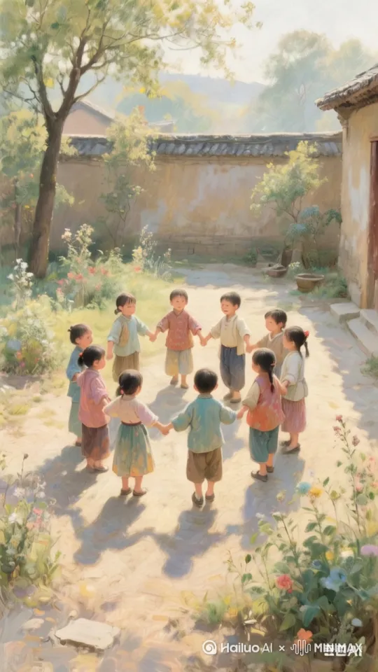 小孩们手拉手欢快跳舞，边跳边转圈 by Hailuo AI Video Generator