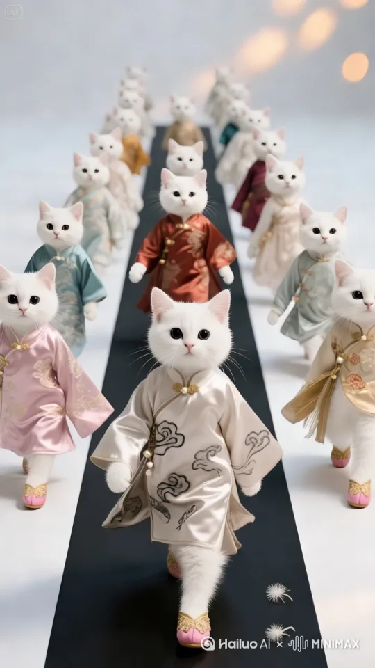 [推进,上升]猫猫模特队在整齐划一的进行模特走秀，猫猫们在齐步往前走，标准的模特步伐，很有气势 by Hailuo AI Video Generator