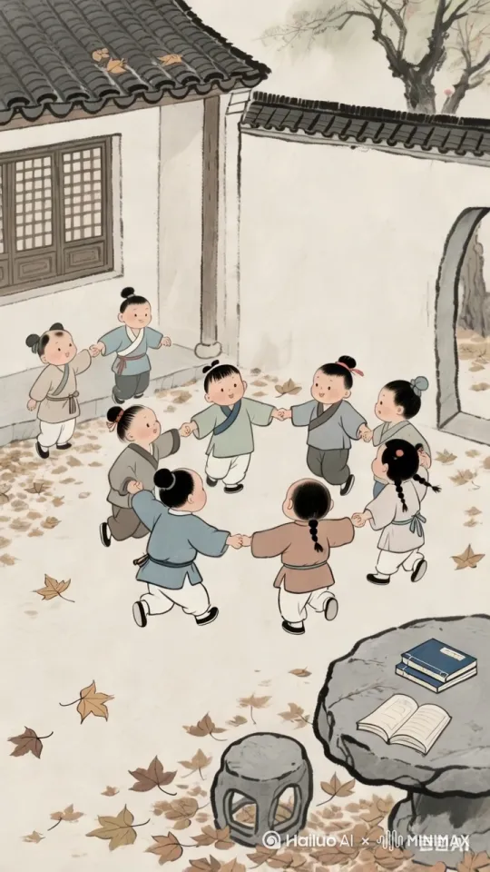 小孩手拉手欢快跳舞。 by Hailuo AI Video Generator